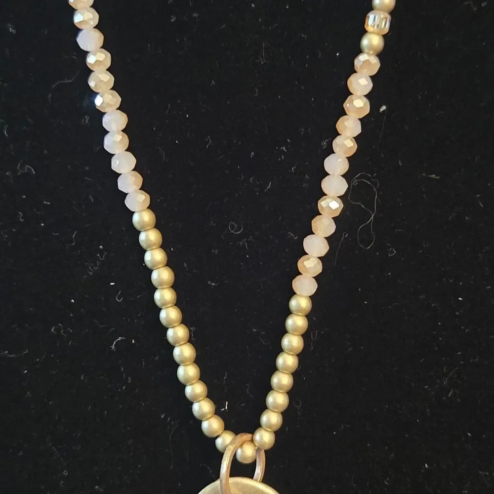 Rose Quartz & Gold Tone‎ Charms Pendant On A Multi Beaded Necklace Unmarked 34